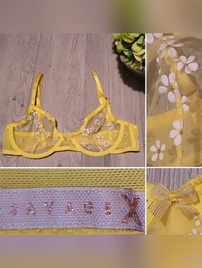 Savage X Fenty Puff Daisy Yellow Unlined Underwire Sheer Bra, 28B